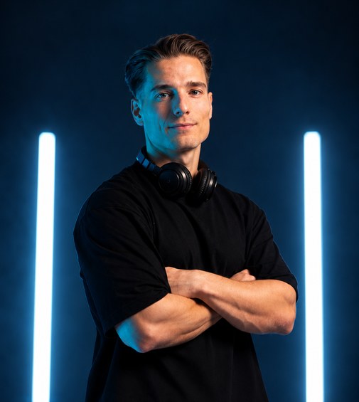 DJ Flexlyn mit Kopfhörern um den Hals vor blauen Lichtröhren